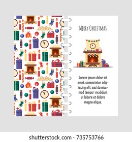Vector template christmas card with festive elements. Gifts, clock, candle, fireplace, socks, wood, candy. Colorful christmassy objects for congratulation in flat style - stock vector illustration