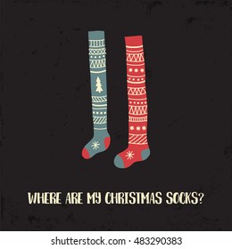 vector template of a Christmas card with funny text and socks pair