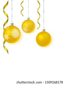 Vector template for christmas card with gold glass tree balls and tinsel. White background. 3D illustration. 