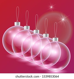 Vector template for christmas card transparent pink glass tree balls and silver tinsels. Red glossy background. 3D illustration. 
