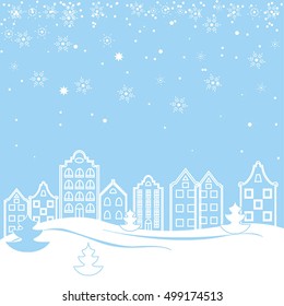 Vector template for Christmas cards, invitations, backgrounds and more with space for text. Traditional european houses.
