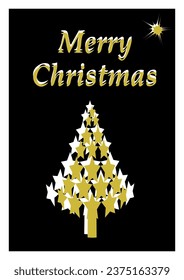 Vector template Christmas greeting card, black and gold card with Christmas tree