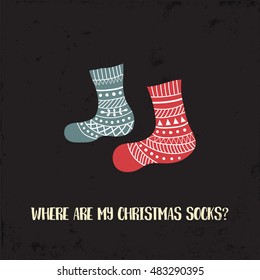vector template of a Christmas greeting card with socks and funny text