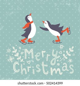 vector template of Christmas greeting card with cute dancing penguin couple and hand lettering Merry Christmas text