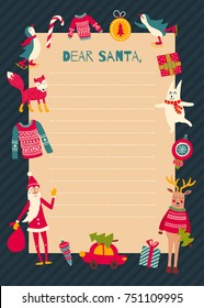 vector template of a Christmas letter to Santa Claus, traditional seasonal symbols