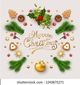 Vector  template for Christmas and New  Year  with decorations branches ate cones , ball, Christmas tinsel on the grey background. Design element for advertising banners,posters,cards