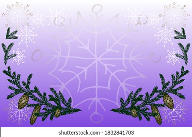 Vector template of Christmas, New Year card. Green spruce branches with cones on a lilac gradient background with light snowflakes. Drawn by hand.