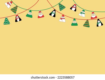 Vector template of Christmas and New Year background with stylized flag characters. Garland of stylized triangular Santa Claus, elves, snowmen, penguins