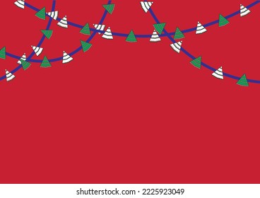Plantilla vectorial de fondo de Navidad y Año Nuevo con una guirnalda de estilizados árboles de Navidad colgados en una cinta de fondo rojo