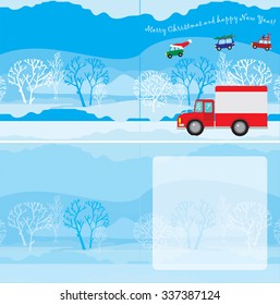 Vector template for Christmas and New Year cards folded. Funny car driven by gifts on the background of the winter woods.
