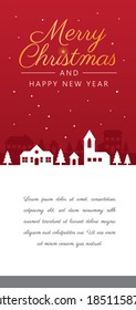 Vector template Christmas postcard. Landscape with houses, trees and star sky
