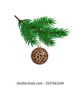 Vector template with Christmas tree and leopard print ball isolated on white background. Festive xmas decoration, design element, card, poster, web. Winter holiday decor. Christmas fashion sphere.