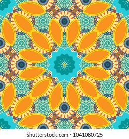 Vector template circle decorative. Vector illustration. Abstract seamless pattern polygonal and Mandala shape kaleidoscope geometry in blue, beige and orange colors.