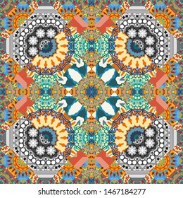 Vector template circle decorative. Vector illustration. Abstract seamless pattern polygonal and Mandala shape kaleidoscope geometry in blue, gray and orange colors.