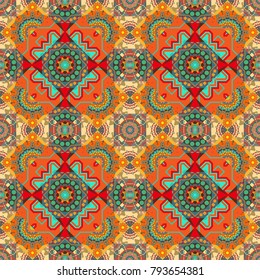 Vector template circle decorative. Vector illustration. Abstract seamless pattern polygonal and Mandala shape kaleidoscope geometry in orange, blue and yellow colors.
