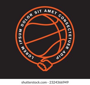 Vector template circle emblem of a basketball with shaking hands. Black background