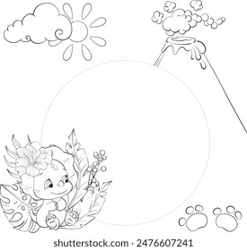 Vector template, circle frame - baby dinosaur with palm, monstera leaves. Clipart for baby shower, nursery, decor, stickers, prints with historical animals. Jurassic period