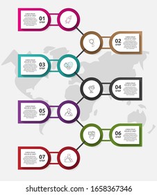 Infografiken der Vektorillustration-Vorlage. Geschäftskonzept mit 7 Optionen und Teilen. Sieben Schritte für Inhalt, Flussdiagramm, Zeitlinie, Level. Schritt für Schritt