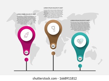 Infografiken der Vektorillustration-Vorlage. Geschäftskonzept mit 3 Optionen und Etiketten. Drei Schritte für Inhalt, Flussdiagramm, Zeitlinie, Level