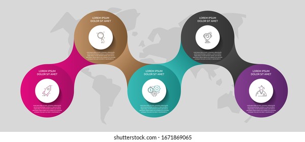Infografiken der Vektorillustration-Vorlage. Geschäftskonzept mit 5 Optionen und Teilen. Fünf Schritte für Graphen, Diagramme, Diashow. Schritt für Schritt