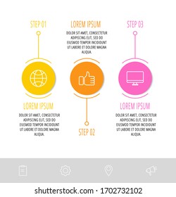 Infografiken der Vektorillustration-Vorlage. Geschäftskonzept mit 3 Optionen und Teilen. Drei Schritte für Inhalt, Flussdiagramm, Zeitlinie, Level. Schritt für Schritt