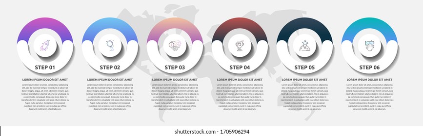 Infografiken der Vektorillustration-Vorlage. Geschäftskonzept mit 6 Optionen und Teilen. Sechs Schritte für Inhalt, Grafik, Diagramme, Diashow. Schritt für Schritt