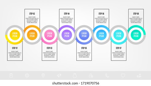 Infografiken der Vektorvorlage. Geschäftskonzept mit 8 Optionen und Etiketten. Acht Schritte für Graphen, Diagramme, Diashow
