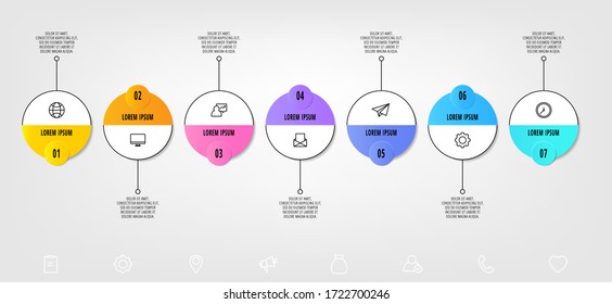 infografías del círculo de plantillas de vectores. Concepto de negocio con 7 opciones y partes. Siete pasos para contenido, diagrama de flujo, escala de tiempo, niveles. Ruta paso a paso