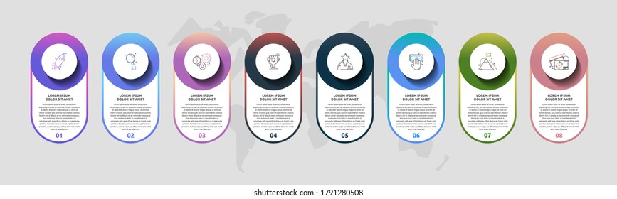 Infografiken der Vektorvorlage. Business-3D-Konzept mit 8 Optionen und Teilen. Acht Schritte für Graphen, Diagramme, Diashow, Web, Banner, Workflow-Layout
