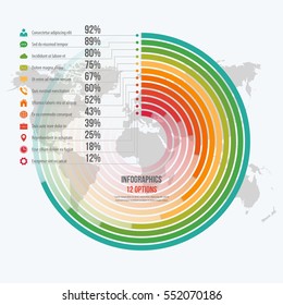 Vector template for circle informative infographics with 12 options for presentations, advertising, layouts, annual reports.
