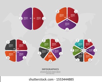 Vector template circle and sector infographics. Set business concept with 2, 3, 4, 5, 6. Used for content, flowchart, timeline, levels, marketing, presentation, graph, diagrams, slideshow, chart