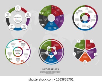 Vector template circle and sector infographics. Set business concept with 5 options. Used for content, flowchart, timeline, levels, marketing, presentation, graph, diagrams, slideshow, chart