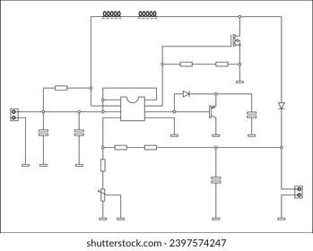 Plantilla vectorial de circuito con componentes electrónicos (transistor, resistencia, diodo, condensador, inductor, ic) conectados por conductores. Diagrama esquemático eléctrico del dispositivo electrónico.