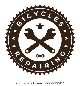 Vector template circular logo emblem bicycle repair. Symbol of wrench key with a chain. Isolated on white background.