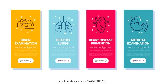 Vector template for clinic, laboratory, medicine. Medical equipment, tools,  outline icons. Science, microbiology, virology study, immune system, genetics analysis. Card, label, visit card, banner.