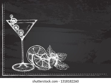 Vector template with cocktail with martini stylized as chalk drawing on chalkboard.Design for a restaurant, cafe or bar