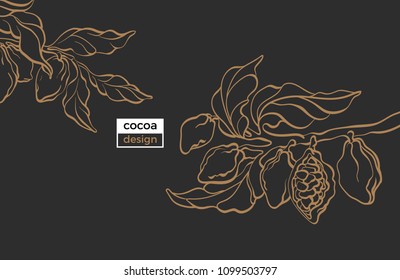 Vector template of cocoa tree branch with leaves and bean. Botanical hand draw sketch design, art line illustration Realistic nature banner Organic sweet, bio background, graphic card, gold plantation