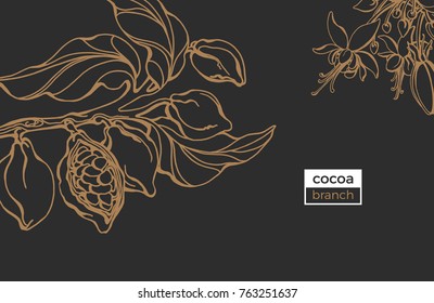 Vector template of cocoa tree branch with leaf, flower and bean. Botanical drawing.  Sketch design, art line. Realistic nature style. Organic sweet. Gold doodle illustration on black background