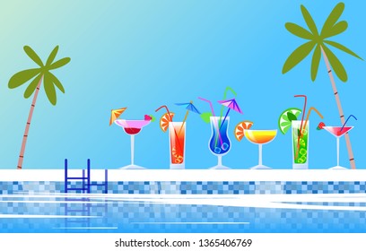 Vector template for coctail and pool summer party. Swimming pool with cocktails and palm trees. Poster, banner with place for text.