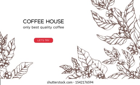 Vector template for coffee business, coffee house website screen. Concept with coffee tree and berries on white background. Illustration for landing page or banner, flyer or blog post.