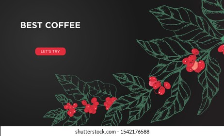 Vector template for coffee business website screen. Concept with coffee tree and berries on black background. Illustration for landing page or banner, flyer or blog post.