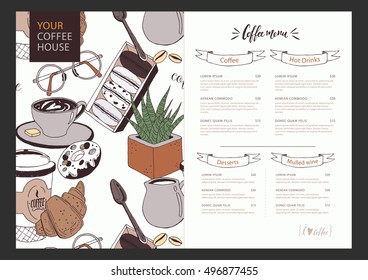 Vector template of coffee menu with funny pattern on background. Coffee cup, muffin, croissants, cream, glasses, spoon, milk and flower. Colorful concept with place for your text easily editable.
