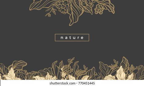 Vector template of coffee tree branches with leaf, bean, flower. Nature card. Design art line illustration. Royal elegant style. Floral rich vintage flyer on black background