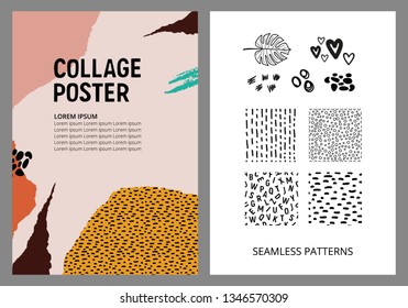 Vector template for a collage poster with a jungle tropical theme. Leopard print. Seamless patterns and design elements. 