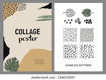 Vector template for a collage poster with a monstera leaf. Seamless patterns and design elements. Animal print.