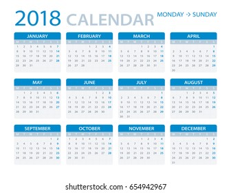 Vector template of color 2018 calendar - Monday to Sunday