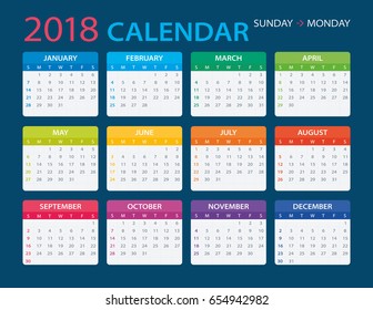 Vector template of color 2018 calendar - Sunday to Monday