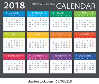 Vector template of color 2018 calendar - Monday to Sunday