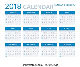 Vector template of color 2018 calendar - Sunday to Monday