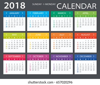 Vector template of color 2018 calendar - Sunday to Monday